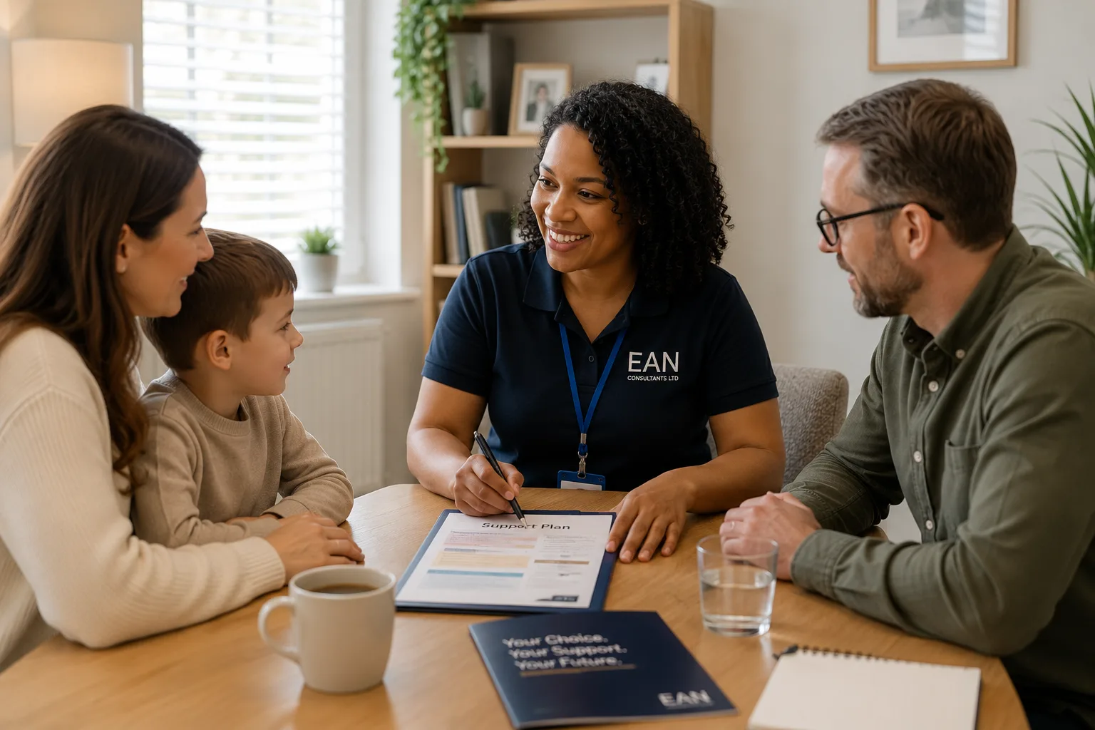 An EAN Consultants adviser talking with a family about a personalised support plan